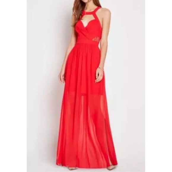 NWT BCBGeneration Size 8 Surplice Lace Maxi Evening Dress Gown Red Halter Neck - Picture 1 of 16